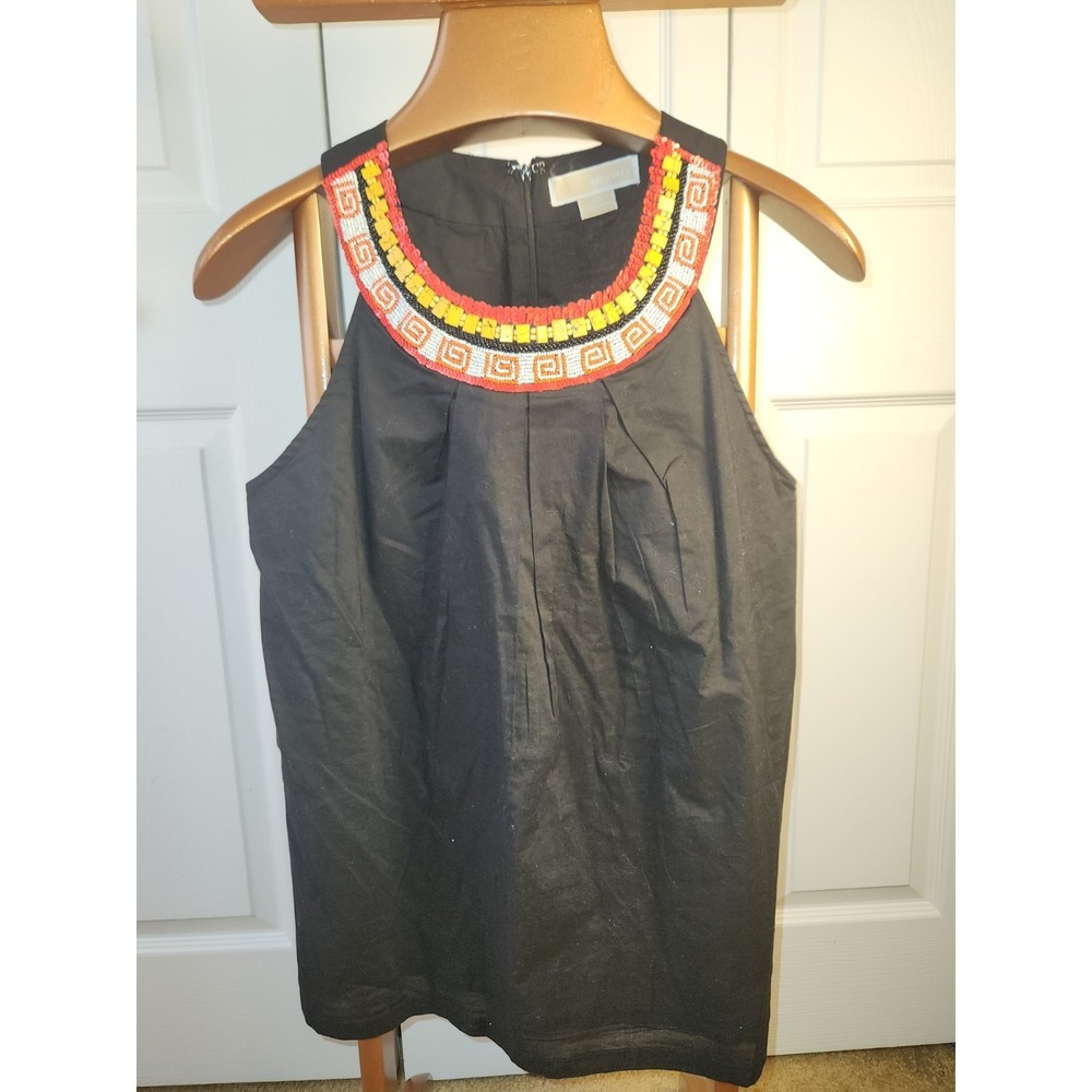 Michael Michael Kors Black  Cotton Tank Top With Beaded Neckline  Size 10